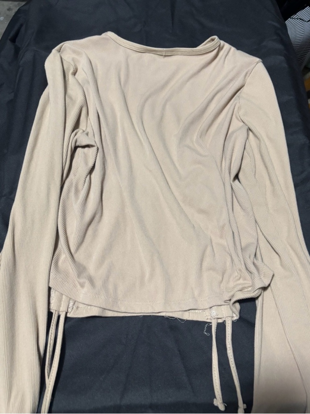 Beige Ribbed Long Sleeve Drawstring Top - Picture 3 of 3